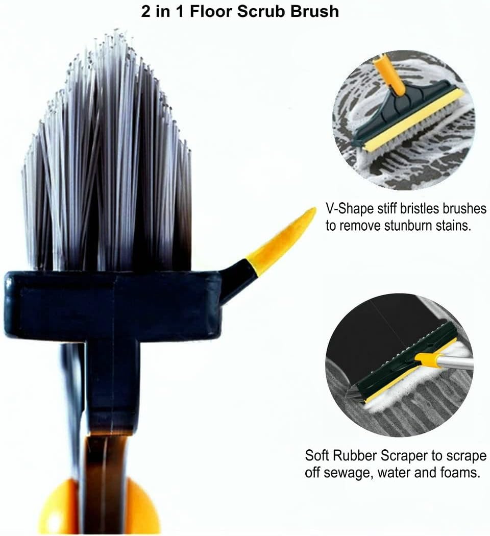 2 in 1 Cleaning Brush with wiper, Tiles Cleaning Brush with Long Handle, 120° Rotate Bathroom Floor Cleaning Brush