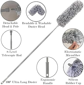 Long Handle Microfiber Feather Ceiling Duster, with 100 inches Extra Long Pole, Bendable Head & Scratch-Resistant Hat for Cleaning Ceiling Fan - image 4