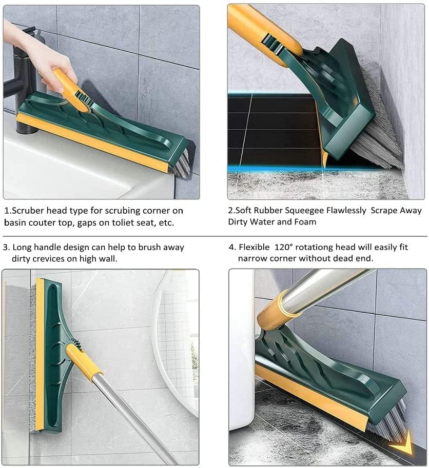 2 in 1 Cleaning Brush with wiper, Tiles Cleaning Brush with Long Handle, 120° Rotate Bathroom Floor Cleaning Brush