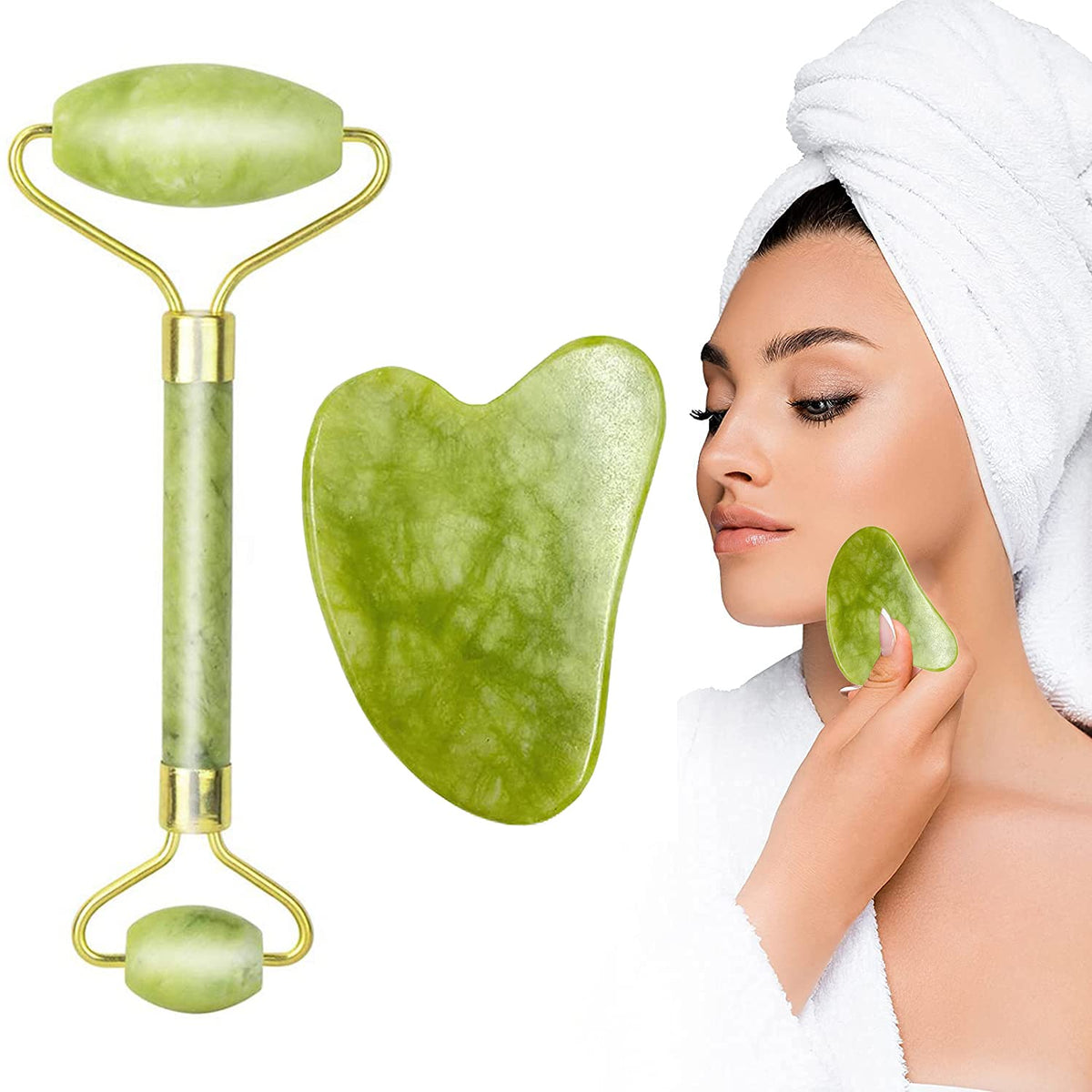 Jade Roller Set and Gua Sha for Face, Cooling and Firming Effect, Carving Tool