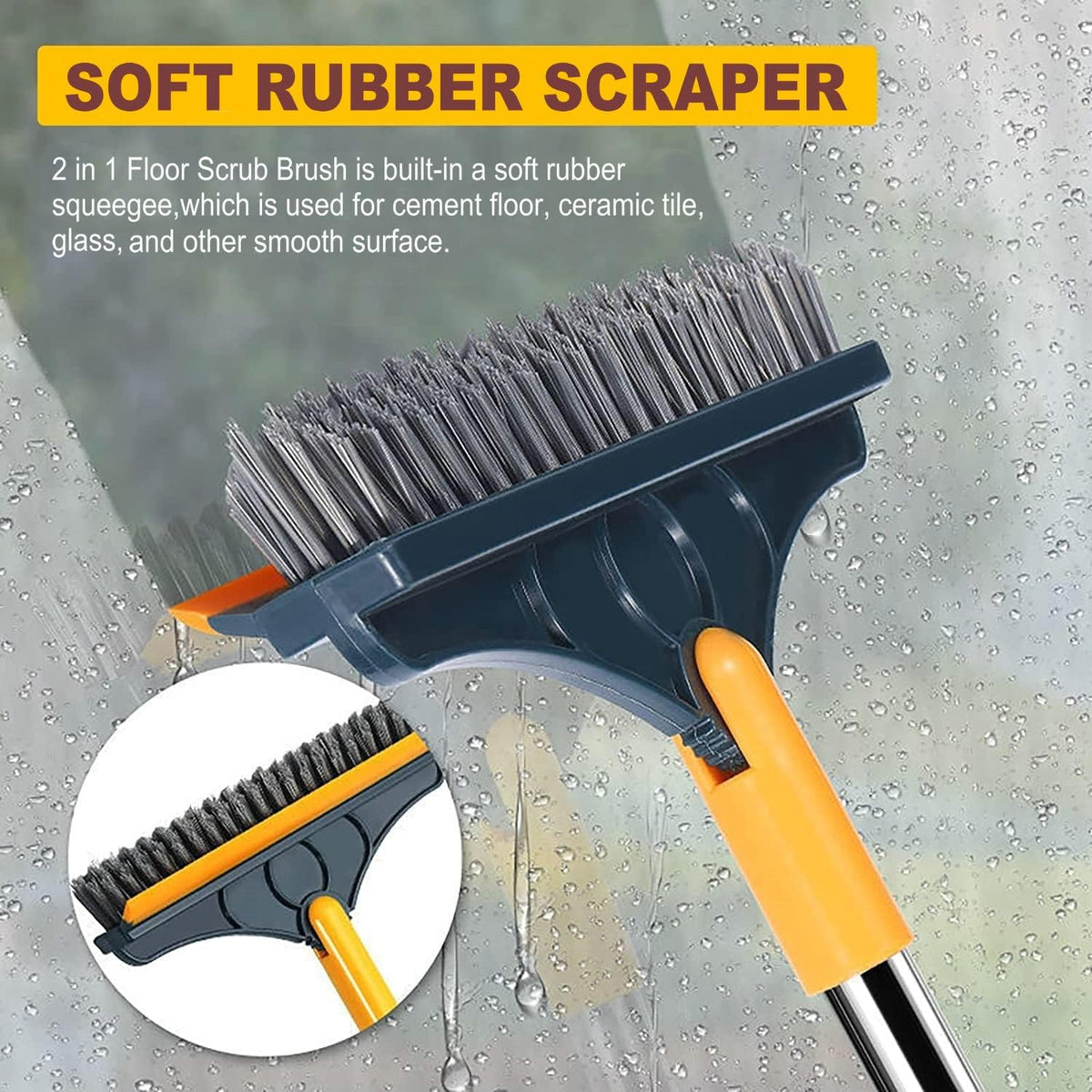 2 in 1 Cleaning Brush with wiper, Tiles Cleaning Brush with Long Handle, 120° Rotate Bathroom Floor Cleaning Brush