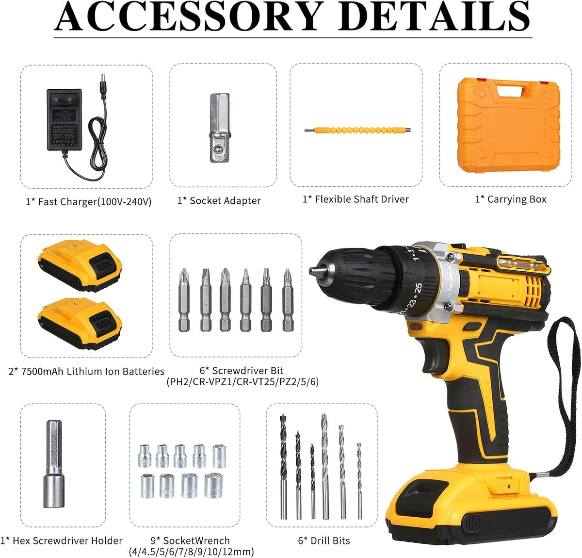 Cordless Drill Driver Kit with 2 Batteries | Electric Power Drill with Keyless Chuck, LED Light & Toolbox