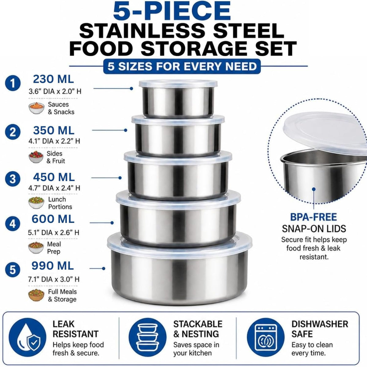 Stainless Steel Food Storage Containers Set of 5 | Kitchen Storage Boxes with Lids