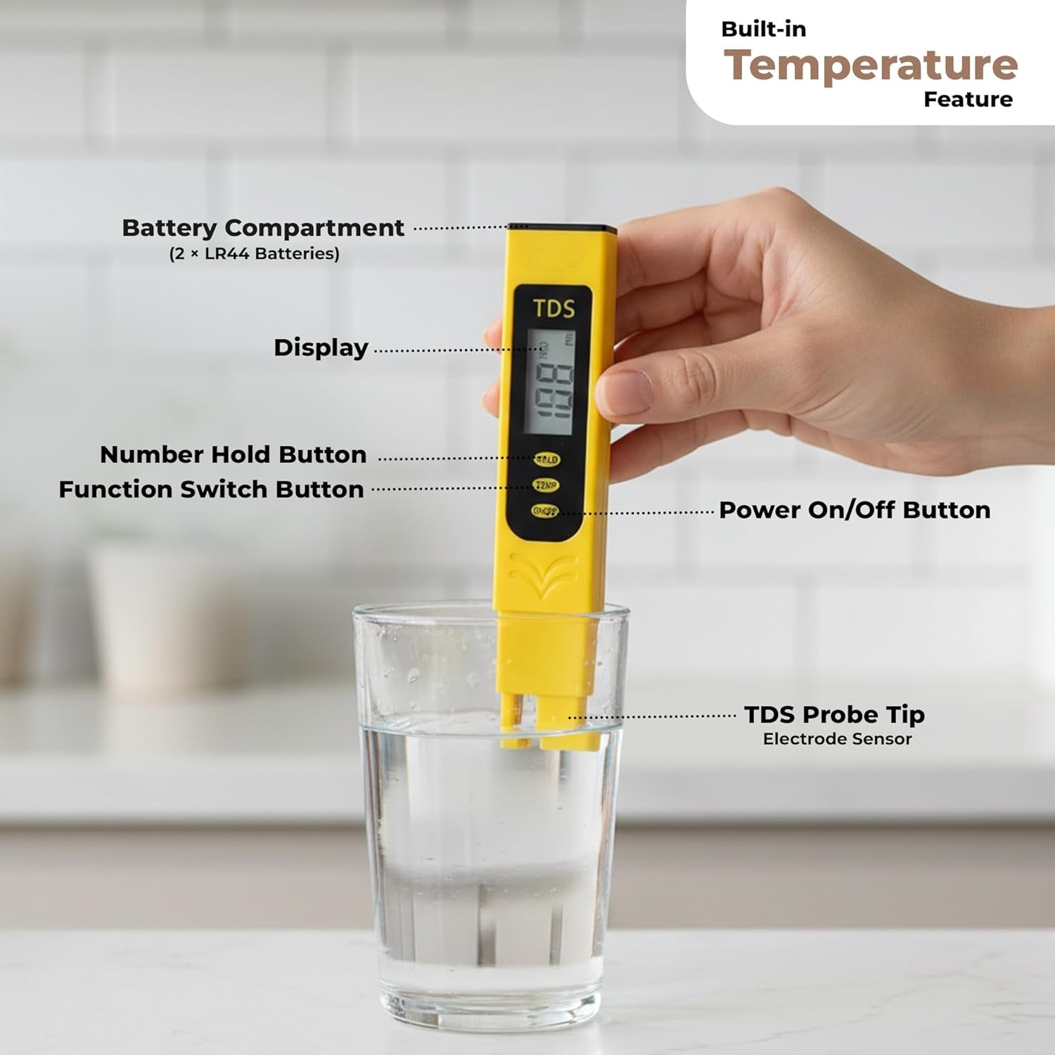 TDS Meter Water Tester Pen, 0-9990ppm Range with Alloy Probe, ±2% Accuracy for Aquaculture