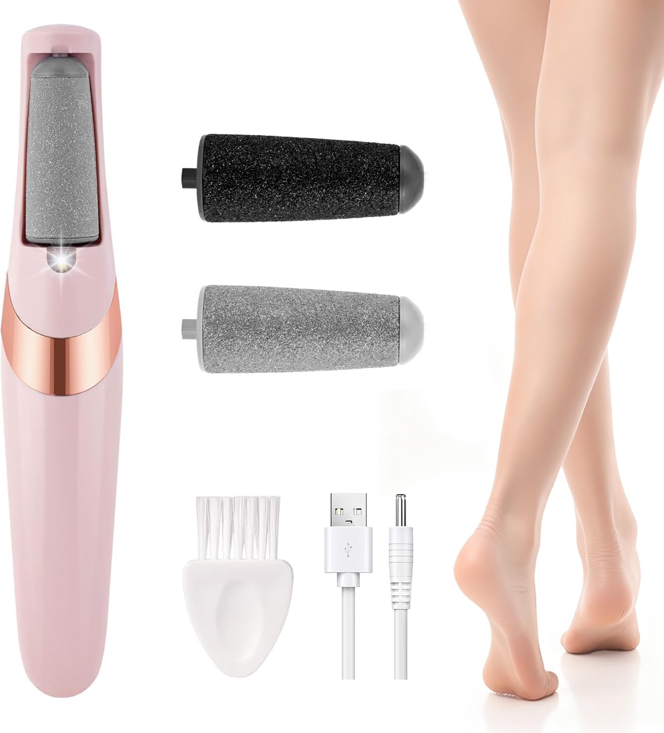 Rechargeable Electric Foot Grinder Hard Skin Remover, 2 Speeds, Coarse and Fine Heads, LED Light