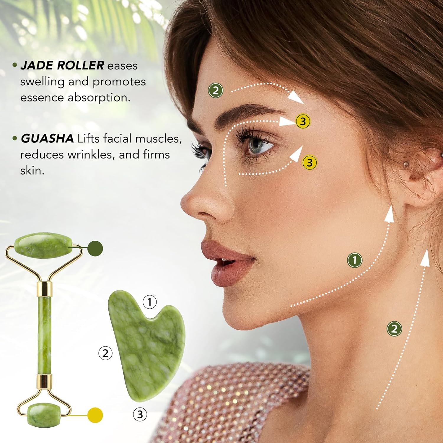 Jade Roller Set and Gua Sha for Face, Cooling and Firming Effect, Carving Tool
