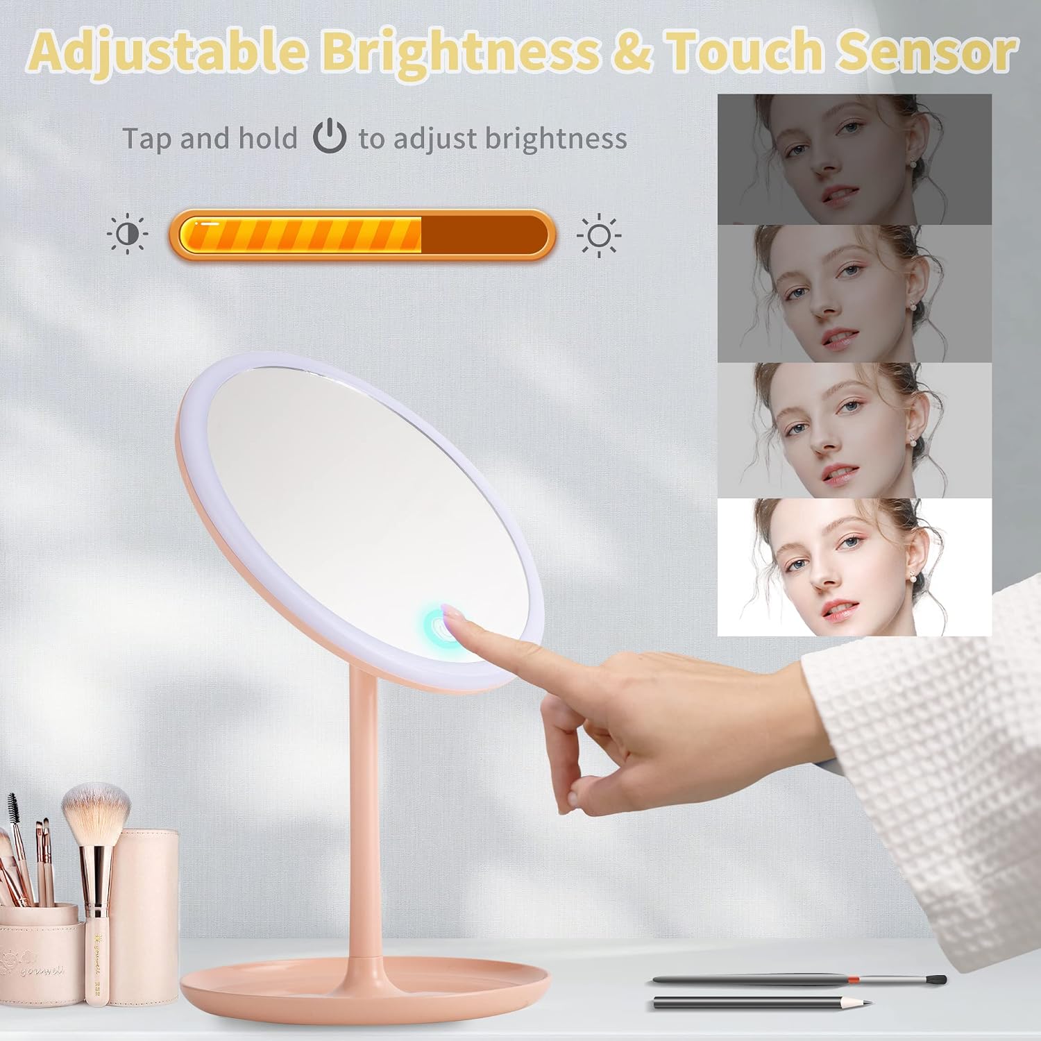 Light Makeup Mirror Light Up Vanity Mirror with Touch Screen & USB Rechargeable 135° Rotation