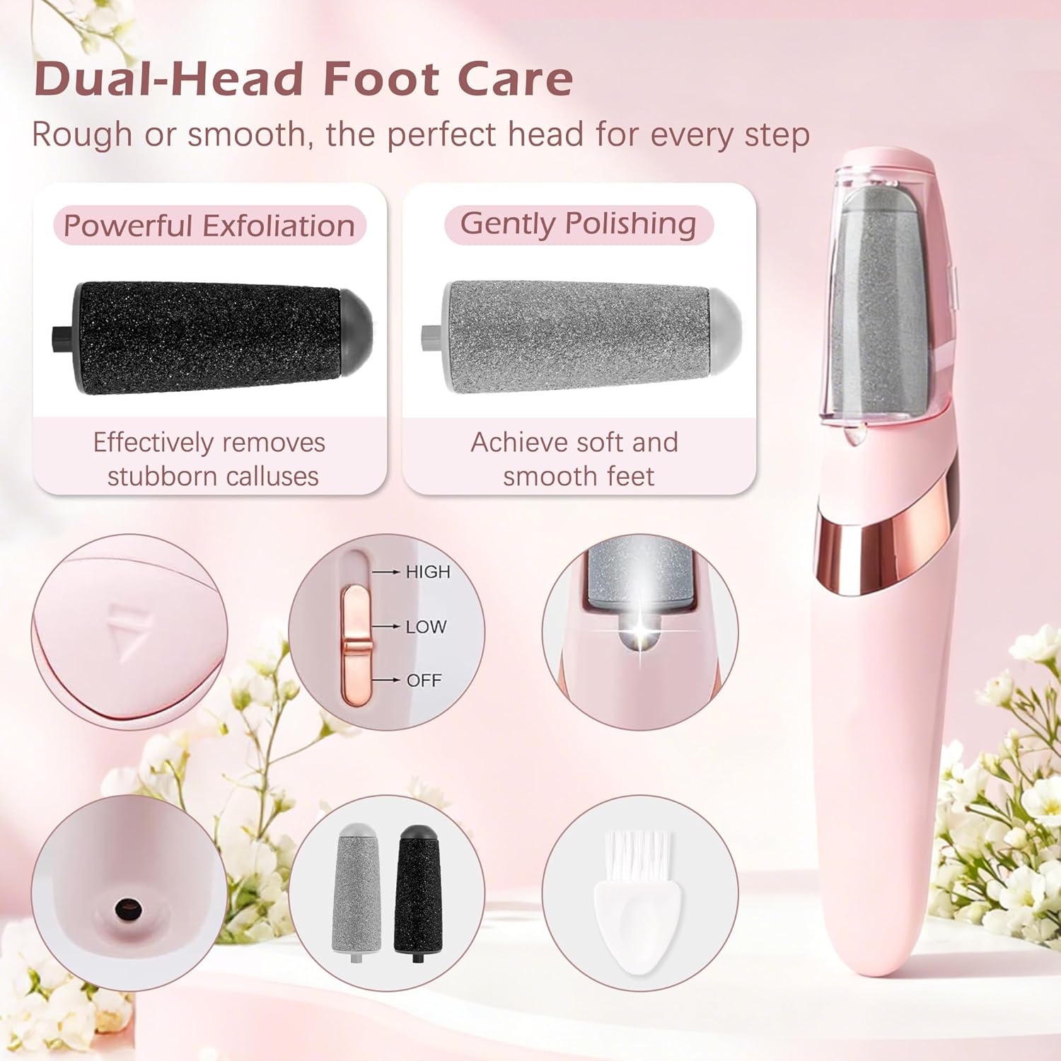Rechargeable Electric Foot Grinder Hard Skin Remover, 2 Speeds, Coarse and Fine Heads, LED Light
