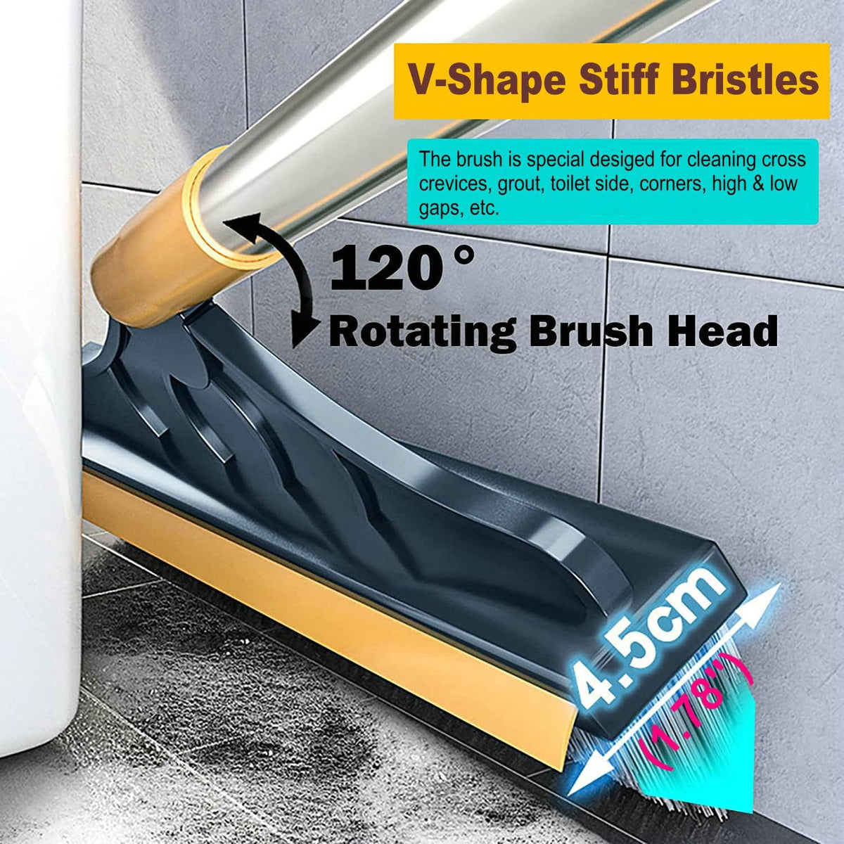 2 in 1 Cleaning Brush with wiper, Tiles Cleaning Brush with Long Handle, 120° Rotate Bathroom Floor Cleaning Brush